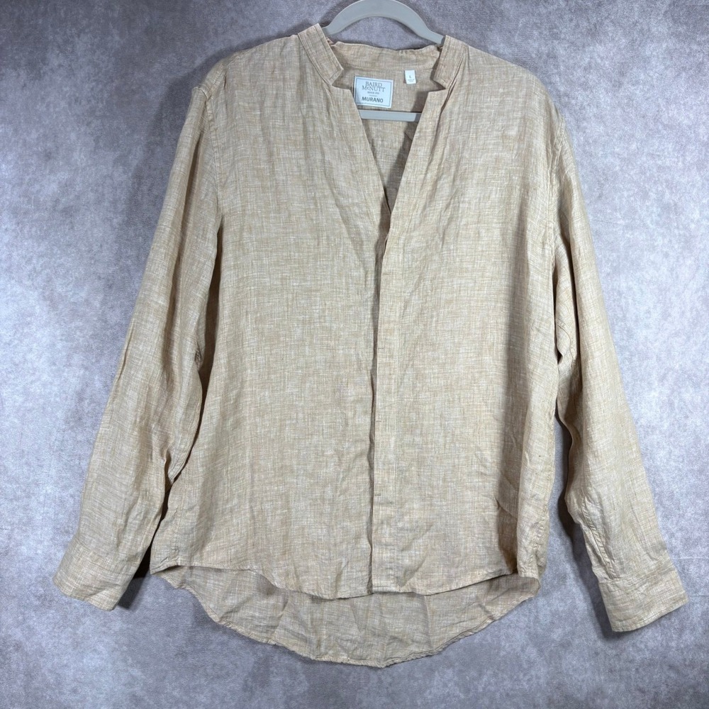 Baird McNutt Murano Shirt Womens L Tan 100% Linen Long Sleeve Band Collar V-Neck